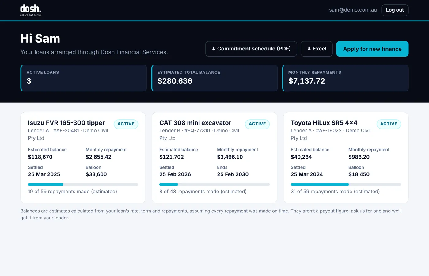 Dosh client portal showing three active loans with balances, repayments and a commitment schedule download